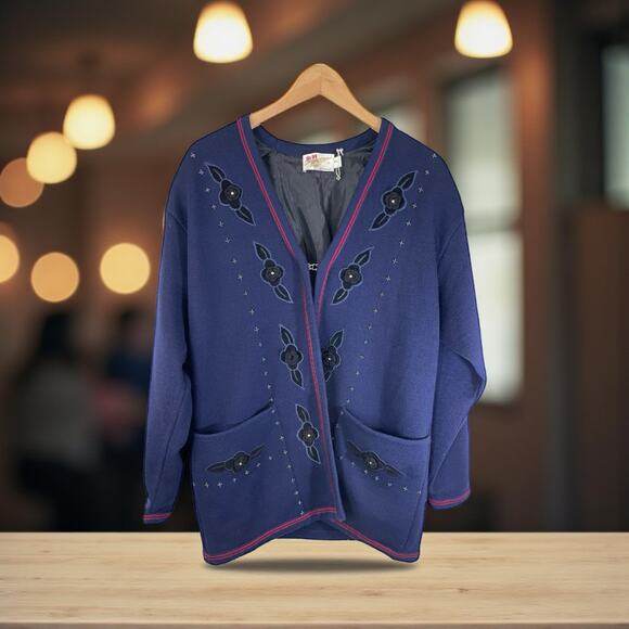 Vintage Women's Wool Coat Jacket Beaded Embroidered Floral Blue Floral Jinju - Picture 9 of 9